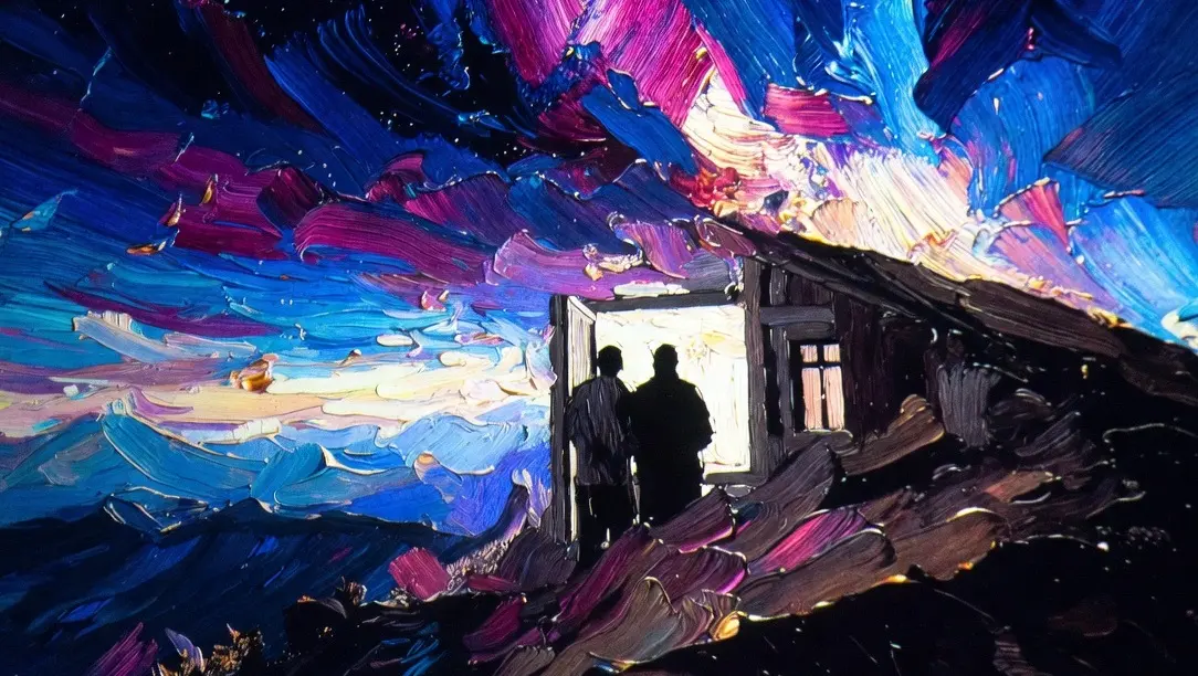 Arte cósmica exibida no telão durante a apresentação