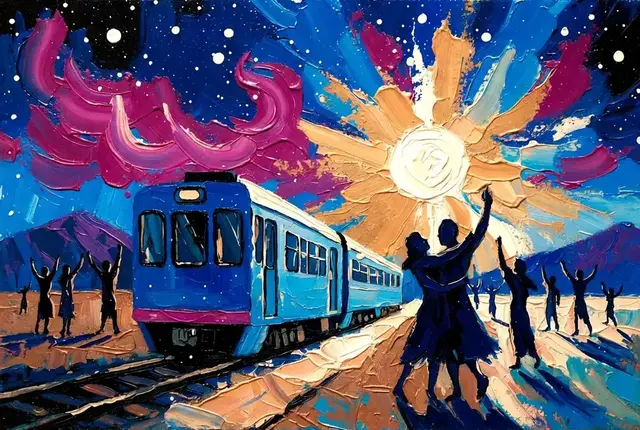 Pintura impressionista em azul e magenta do universo ALUZ