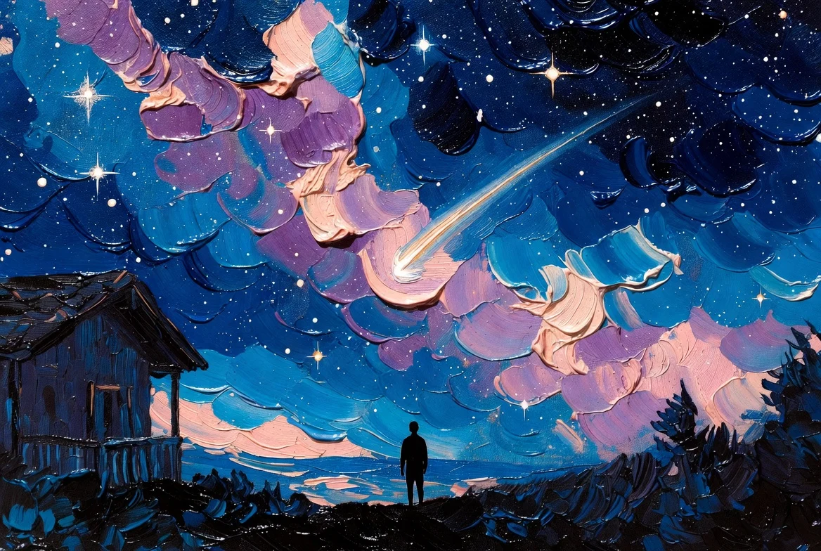 Uma pessoa contempla o céu imenso diante de uma casa