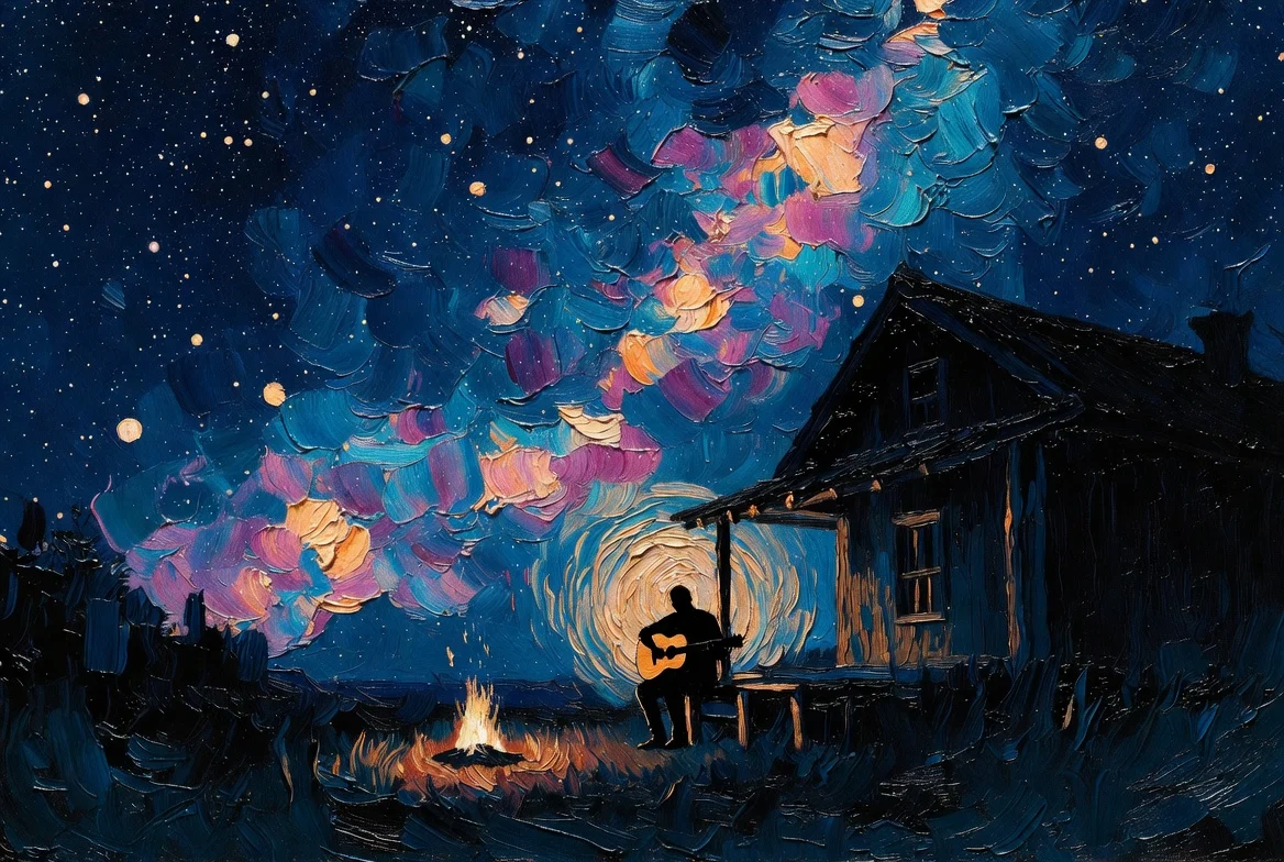Um músico toca diante da casa e do céu estrelado